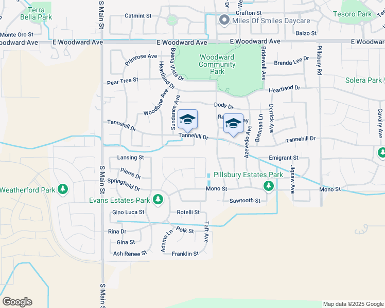 map of restaurants, bars, coffee shops, grocery stores, and more near 597 Pendragon Street in Manteca