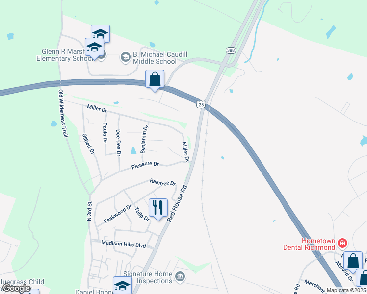 map of restaurants, bars, coffee shops, grocery stores, and more near 1214 Miller Drive in Richmond