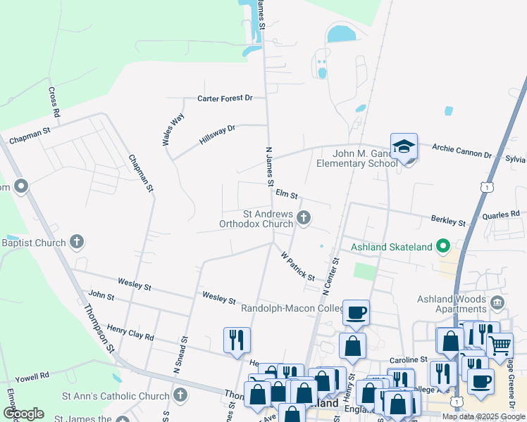 map of restaurants, bars, coffee shops, grocery stores, and more near 103 North Macon Terrace in Ashland