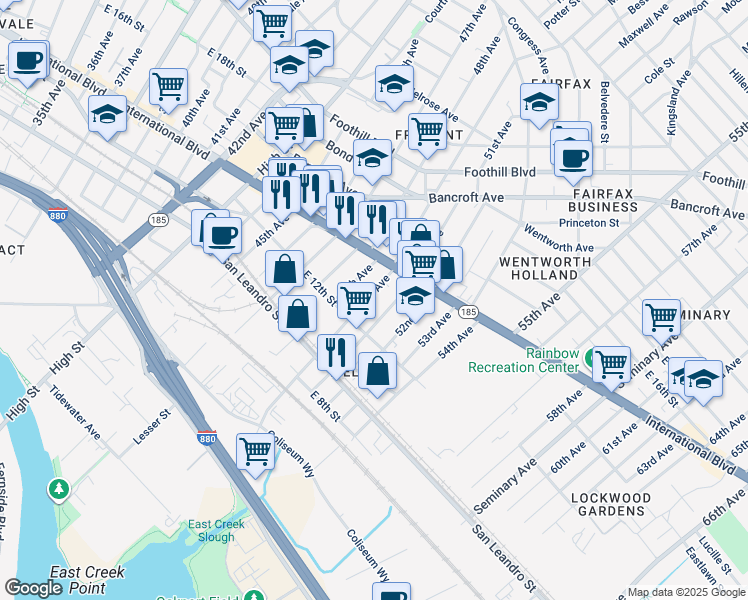 map of restaurants, bars, coffee shops, grocery stores, and more near 1256 50th Avenue in Oakland
