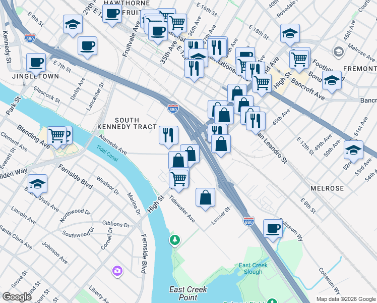 map of restaurants, bars, coffee shops, grocery stores, and more near 3700-3998 E 8th St in Oakland