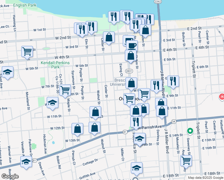 map of restaurants, bars, coffee shops, grocery stores, and more near 738 Locust Street in Owensboro