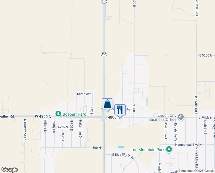 map of restaurants, bars, coffee shops, grocery stores, and more near 4960 North Minersville Highway in Enoch