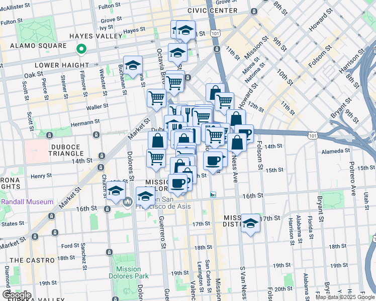 map of restaurants, bars, coffee shops, grocery stores, and more near 344 14th Street in San Francisco