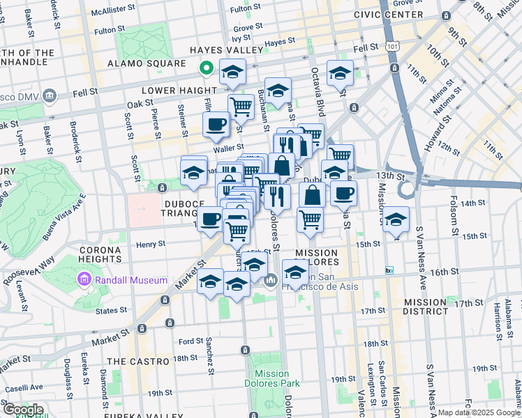 map of restaurants, bars, coffee shops, grocery stores, and more near 101 Dolores Street in San Francisco