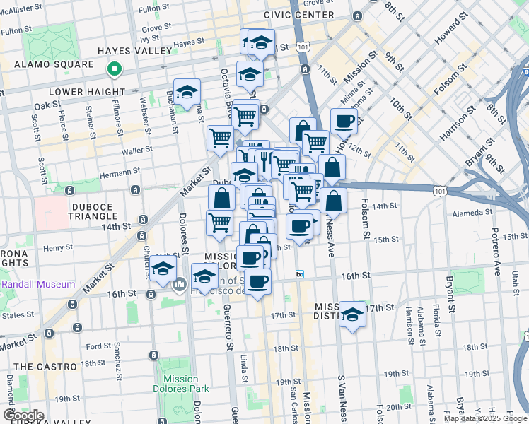 map of restaurants, bars, coffee shops, grocery stores, and more near 380 14th Street in San Francisco