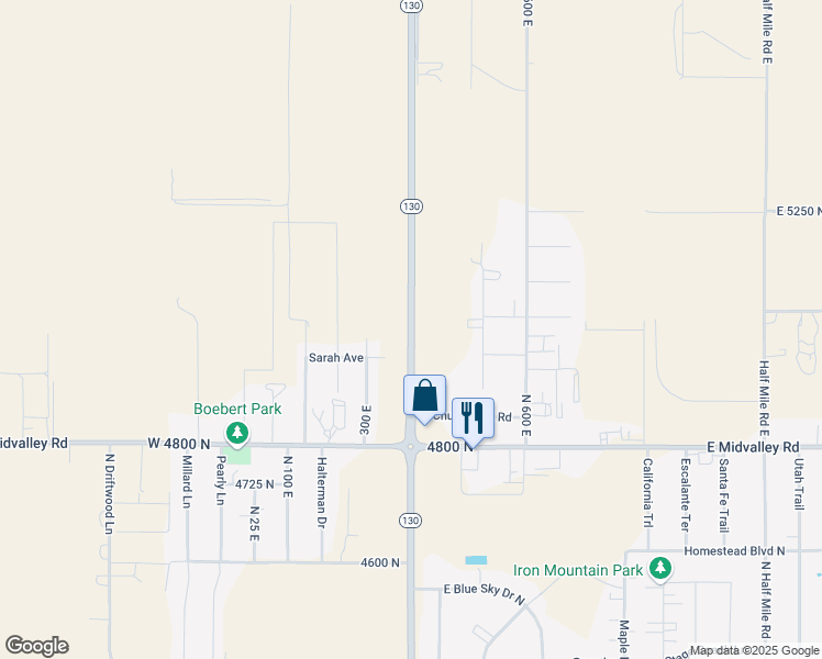 map of restaurants, bars, coffee shops, grocery stores, and more near 4960 North Minersville Highway in Enoch