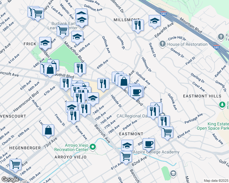 map of restaurants, bars, coffee shops, grocery stores, and more near 2726 73rd Avenue in Oakland