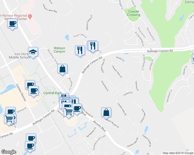 map of restaurants, bars, coffee shops, grocery stores, and more near 222 Copper Ridge Road in San Ramon