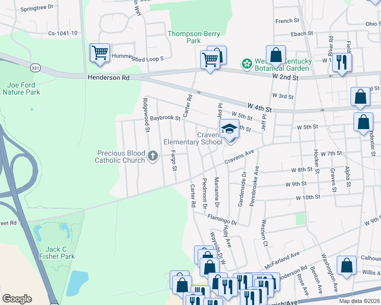 map of restaurants, bars, coffee shops, grocery stores, and more near 701 Carter Road in Owensboro