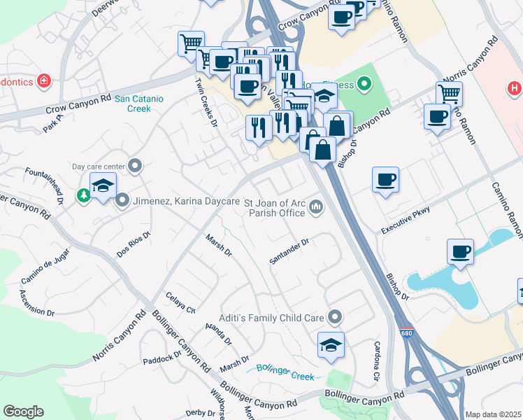 map of restaurants, bars, coffee shops, grocery stores, and more near 2689 Twin Creeks Drive in San Ramon