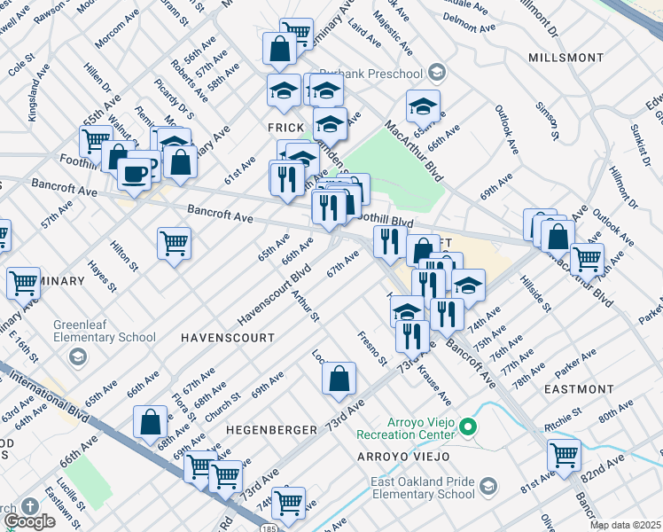 map of restaurants, bars, coffee shops, grocery stores, and more near 2689 67th Avenue in Oakland