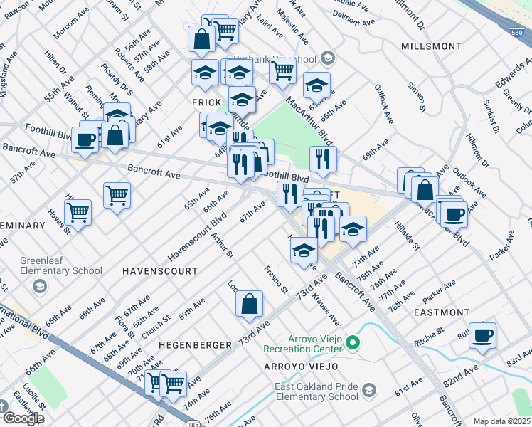 map of restaurants, bars, coffee shops, grocery stores, and more near 2731 68th Avenue in Oakland