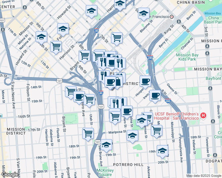 map of restaurants, bars, coffee shops, grocery stores, and more near 100 Rhode Island Street in San Francisco