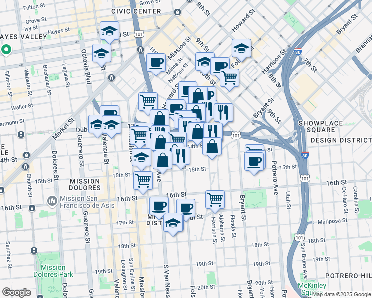 map of restaurants, bars, coffee shops, grocery stores, and more near 77 14th Street in San Francisco