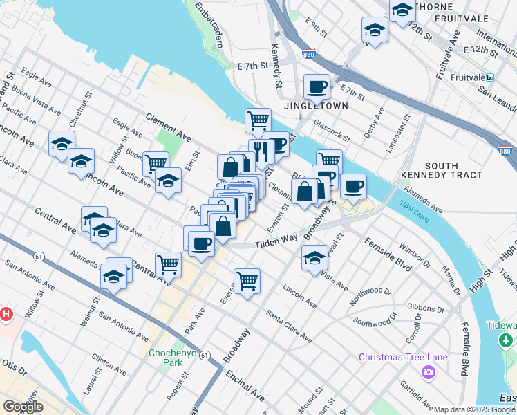 map of restaurants, bars, coffee shops, grocery stores, and more near 2417 Eagle Avenue in Alameda