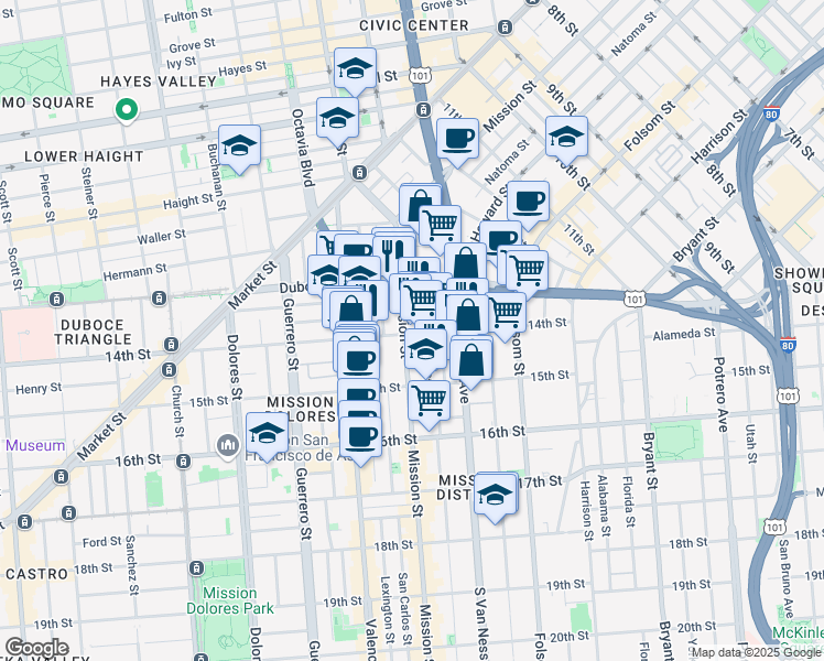 map of restaurants, bars, coffee shops, grocery stores, and more near 280 14th Street in San Francisco