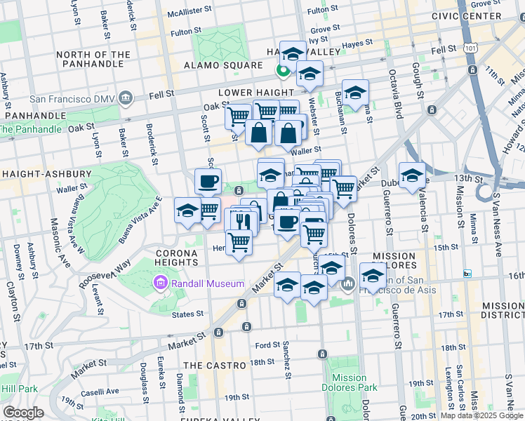 map of restaurants, bars, coffee shops, grocery stores, and more near 44 Sanchez Street in San Francisco