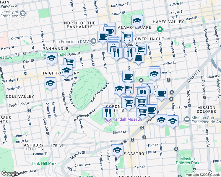 map of restaurants, bars, coffee shops, grocery stores, and more near 128 Alpine Terrace in San Francisco