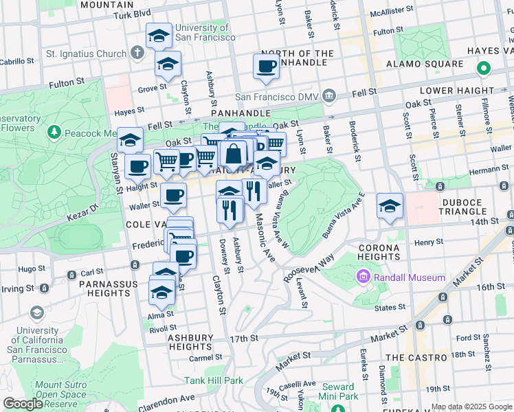map of restaurants, bars, coffee shops, grocery stores, and more near 1345 Masonic Avenue in San Francisco