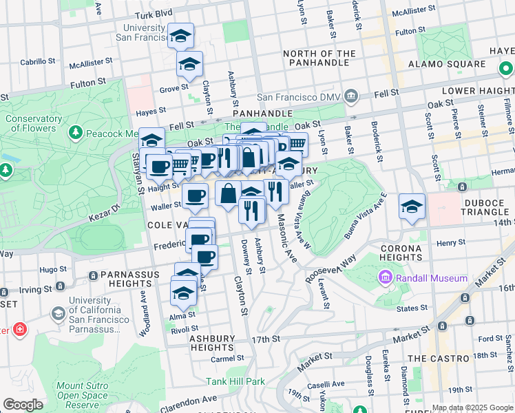 map of restaurants, bars, coffee shops, grocery stores, and more near 714 Ashbury Street in San Francisco