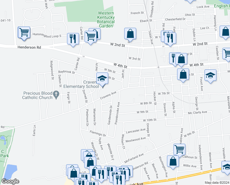 map of restaurants, bars, coffee shops, grocery stores, and more near 2701 Cravens Avenue in Owensboro