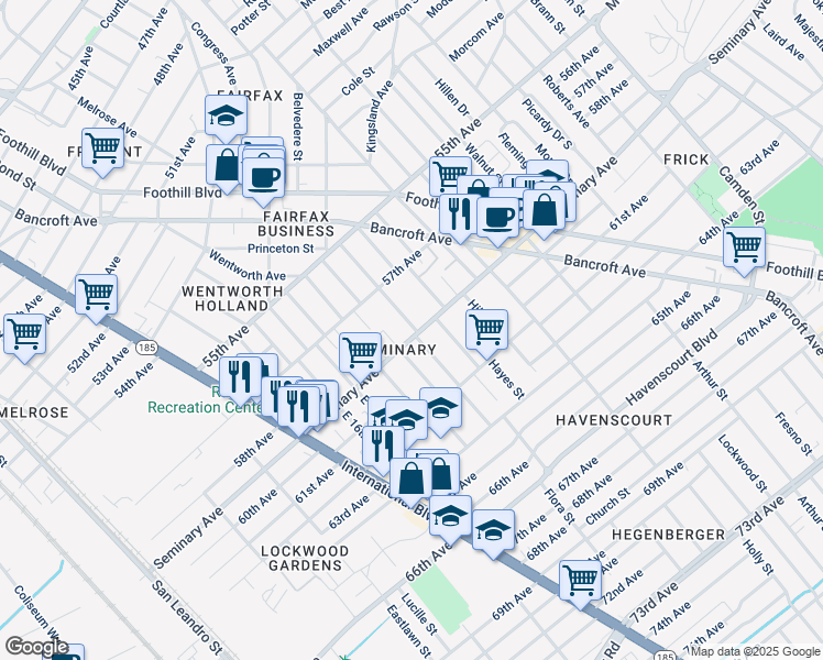 map of restaurants, bars, coffee shops, grocery stores, and more near 5833 Harmon Avenue in Oakland