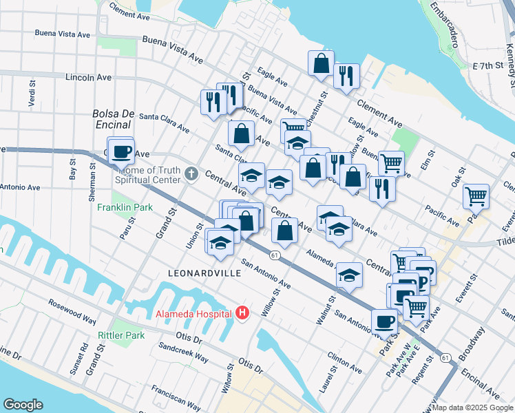 map of restaurants, bars, coffee shops, grocery stores, and more near 1912 Central Avenue in Alameda