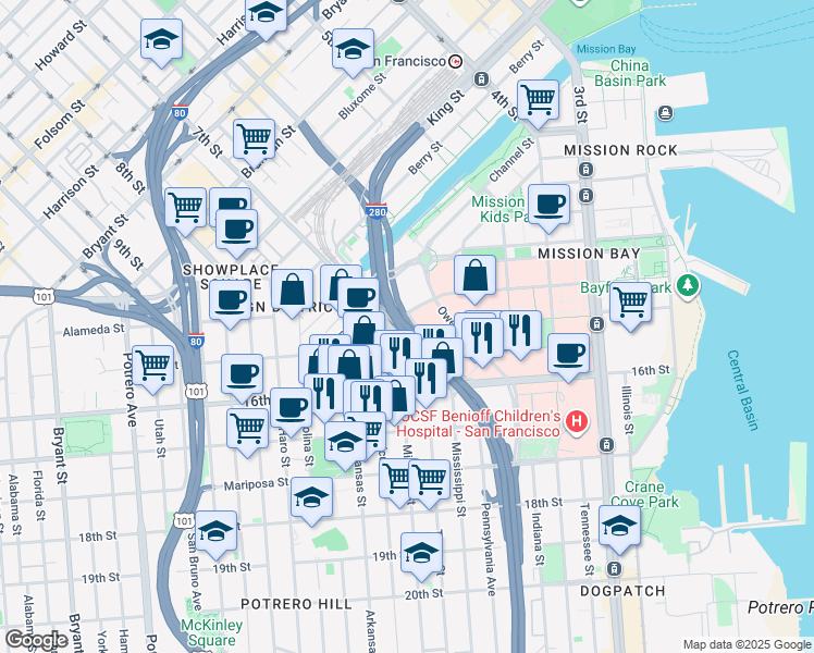 map of restaurants, bars, coffee shops, grocery stores, and more near John F. Foran Freeway in San Francisco