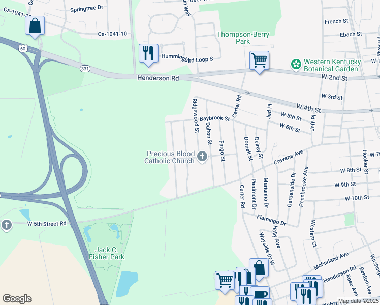 map of restaurants, bars, coffee shops, grocery stores, and more near 671 Greenbriar Street in Owensboro