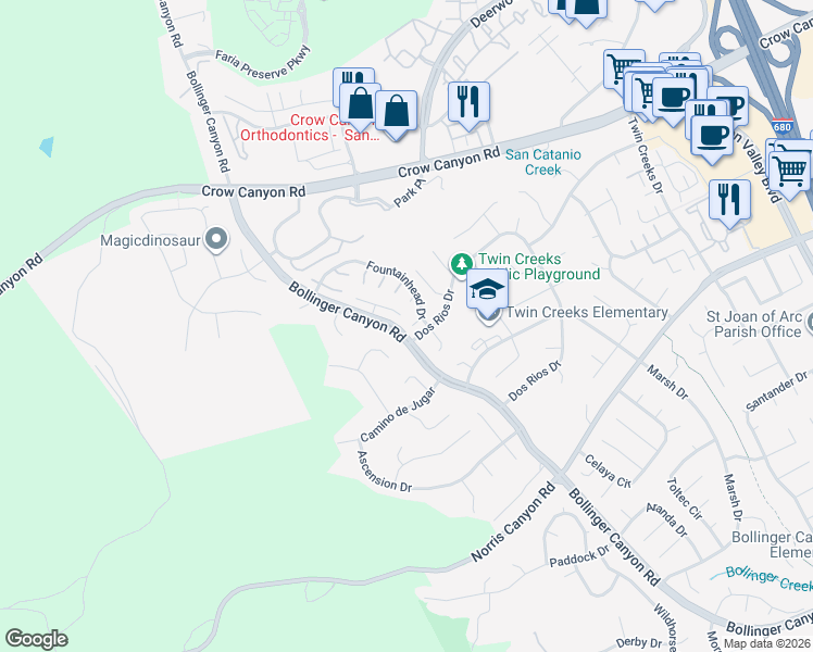 map of restaurants, bars, coffee shops, grocery stores, and more near 2917 Fountainhead Drive in San Ramon