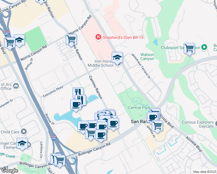 map of restaurants, bars, coffee shops, grocery stores, and more near 2613 Camino Ramon in San Ramon