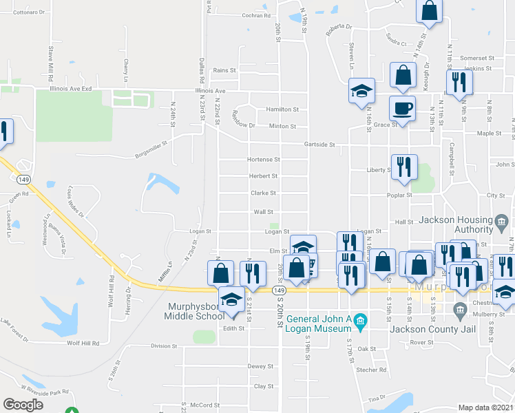 map of restaurants, bars, coffee shops, grocery stores, and more near 2036 Wall Street in Murphysboro