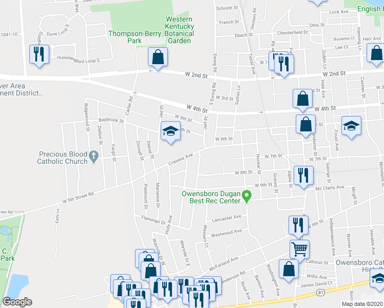 map of restaurants, bars, coffee shops, grocery stores, and more near 2711 Cravens Avenue in Owensboro