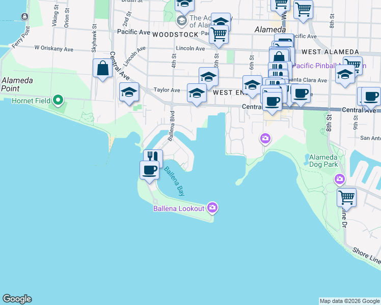 map of restaurants, bars, coffee shops, grocery stores, and more near 435 Cola Ballena in Alameda