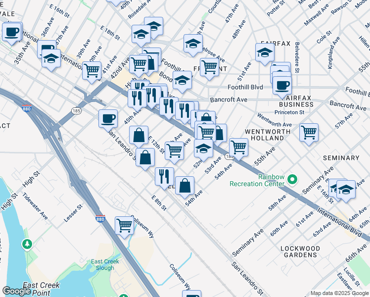 map of restaurants, bars, coffee shops, grocery stores, and more near 1300 50th Avenue in Oakland
