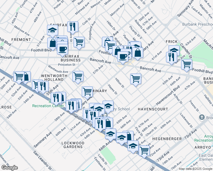 map of restaurants, bars, coffee shops, grocery stores, and more near 2120 Seminary Avenue in Oakland