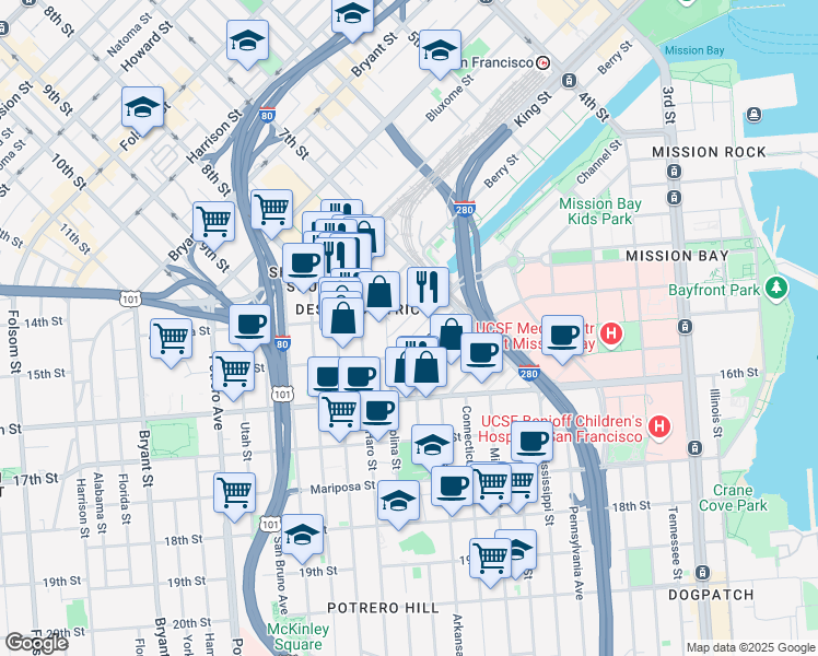 map of restaurants, bars, coffee shops, grocery stores, and more near 150 Hooper Street in San Francisco