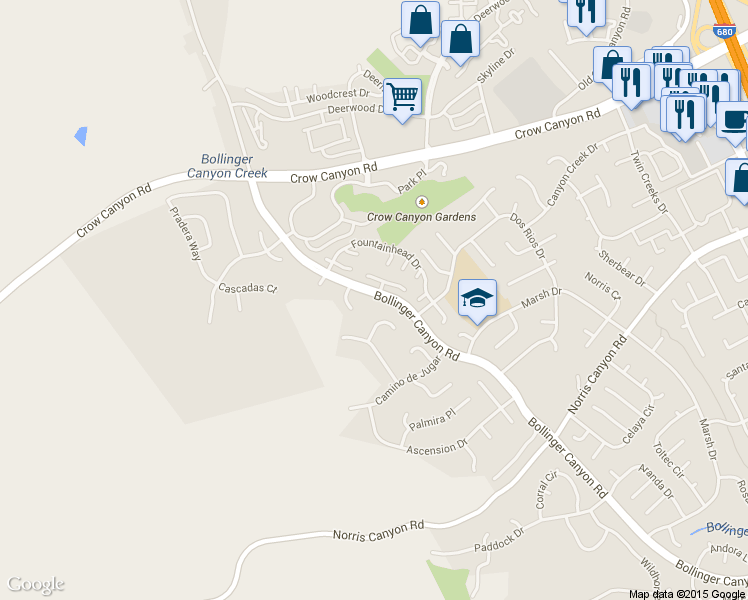 map of restaurants, bars, coffee shops, grocery stores, and more near 2721 Bollinger Canyon Road in San Ramon