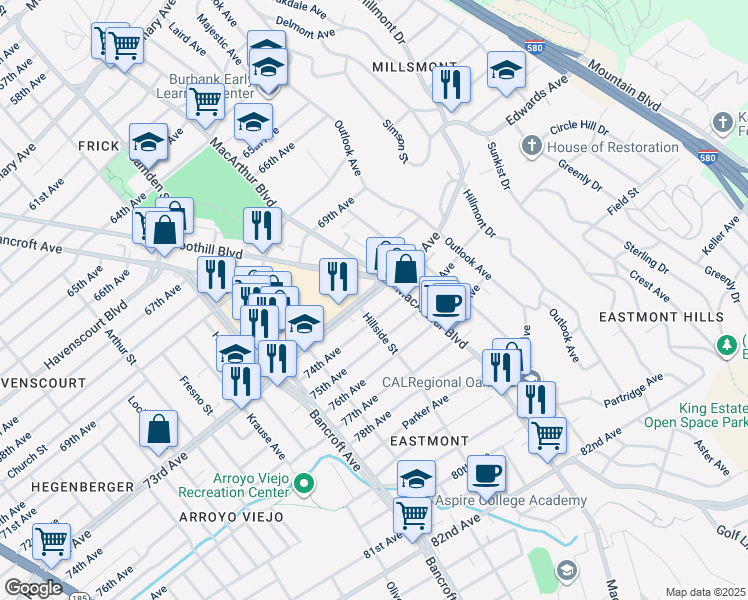 map of restaurants, bars, coffee shops, grocery stores, and more near 2726 73rd Avenue in Oakland