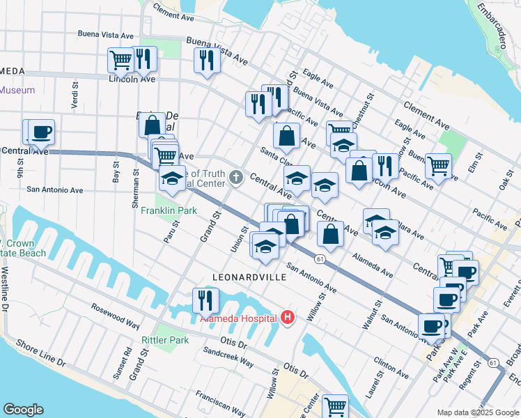 map of restaurants, bars, coffee shops, grocery stores, and more near 1220 Union Street in Alameda