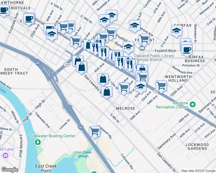 map of restaurants, bars, coffee shops, grocery stores, and more near 1050 47th Avenue in Oakland