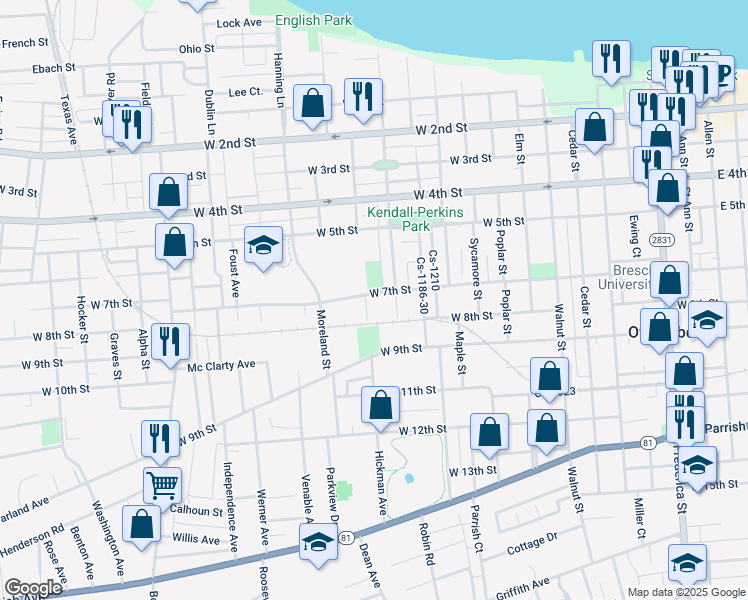 map of restaurants, bars, coffee shops, grocery stores, and more near 701 Frayser Avenue in Owensboro