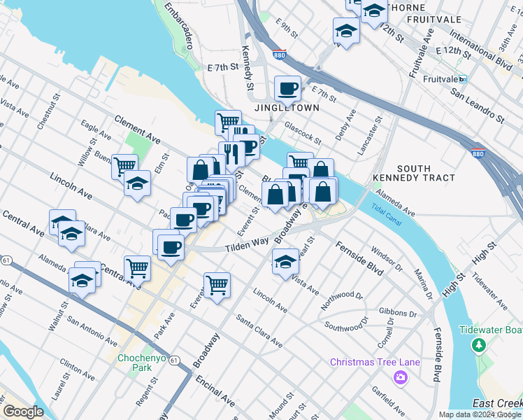 map of restaurants, bars, coffee shops, grocery stores, and more near 1814 Everett Street in Alameda