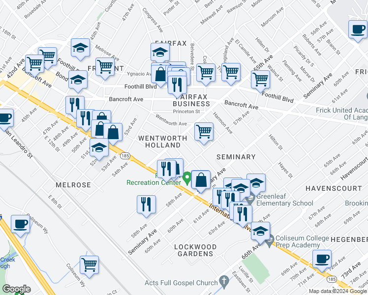 map of restaurants, bars, coffee shops, grocery stores, and more near 5535 East 17th Street in Oakland