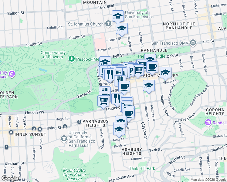 map of restaurants, bars, coffee shops, grocery stores, and more near Waller St & Shrader St in San Francisco