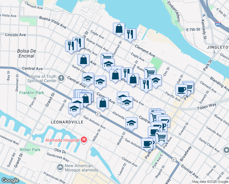 map of restaurants, bars, coffee shops, grocery stores, and more near 2056 Santa Clara Avenue in Alameda