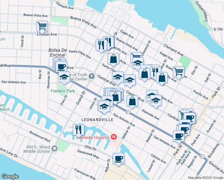 map of restaurants, bars, coffee shops, grocery stores, and more near 1831 Alameda Avenue in Alameda