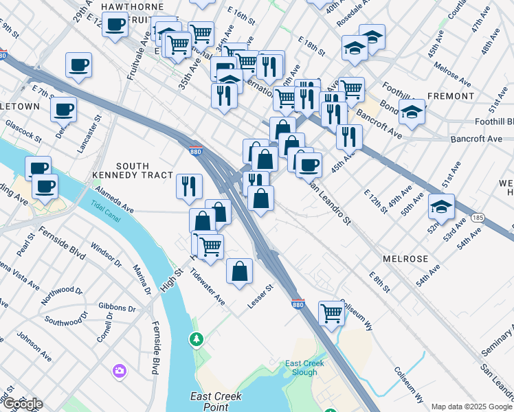 map of restaurants, bars, coffee shops, grocery stores, and more near 880 High St in Oakland