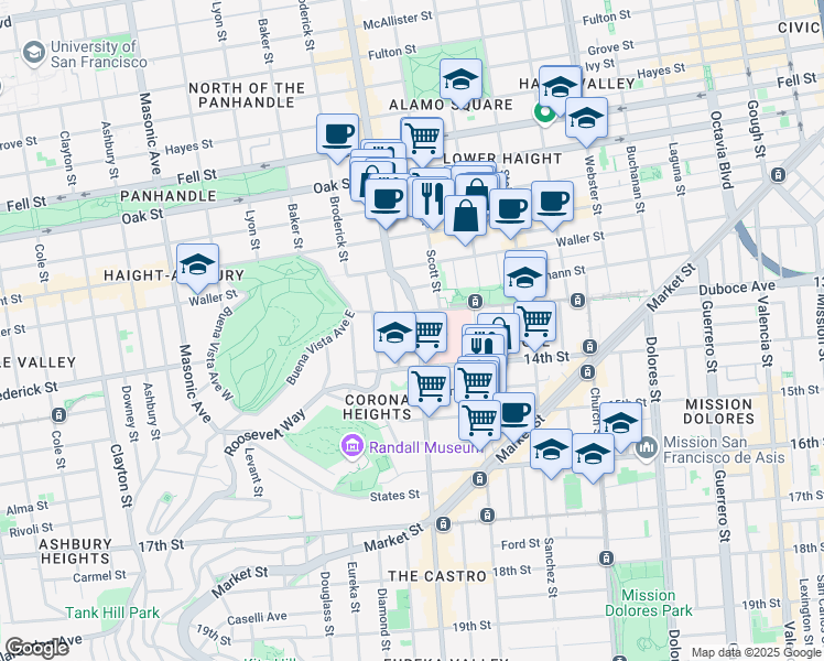 map of restaurants, bars, coffee shops, grocery stores, and more near 34 Castro Street in San Francisco
